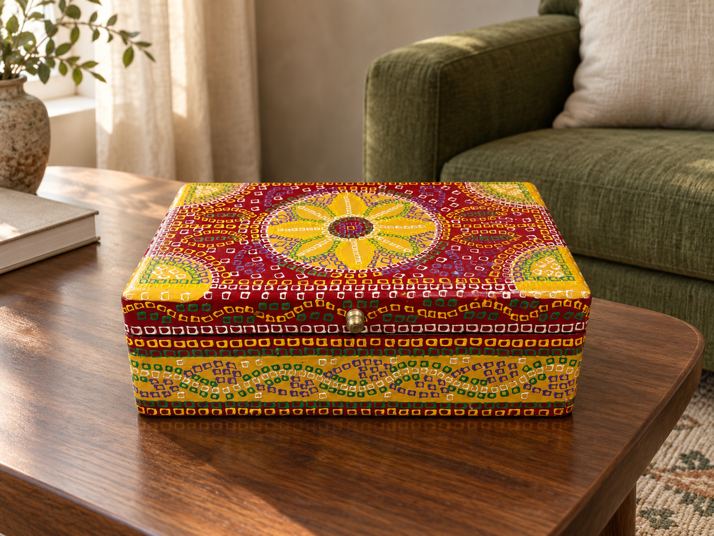 Surya Mandala red and yellow keepsake box on a wooden table beside a green sofa