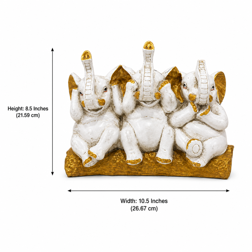 Three Wise Elephants sculpture dimensions: 8.5 inches high and 10.5 inches wide