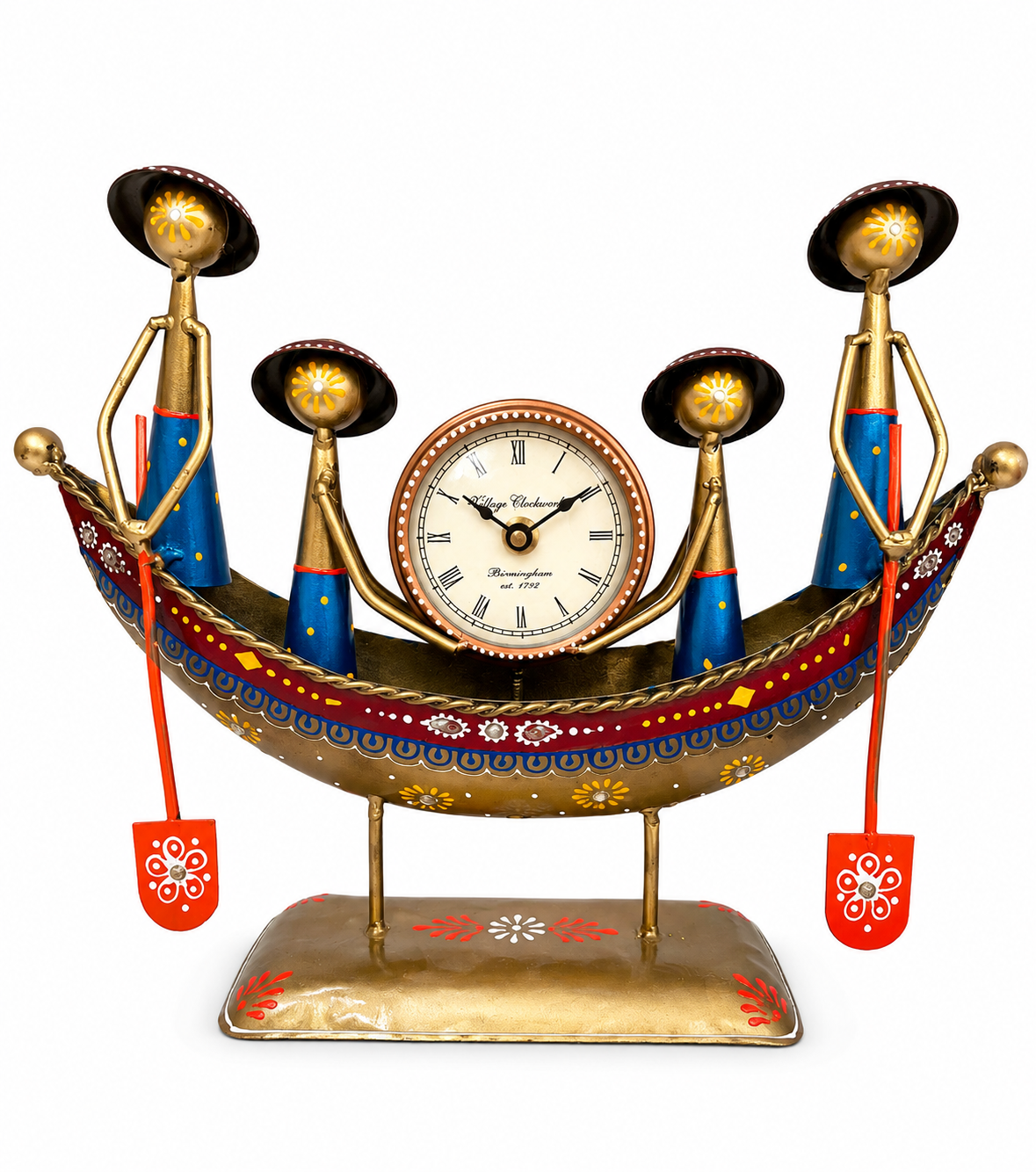 Hand-painted tribal boat table clock with four figures, front view