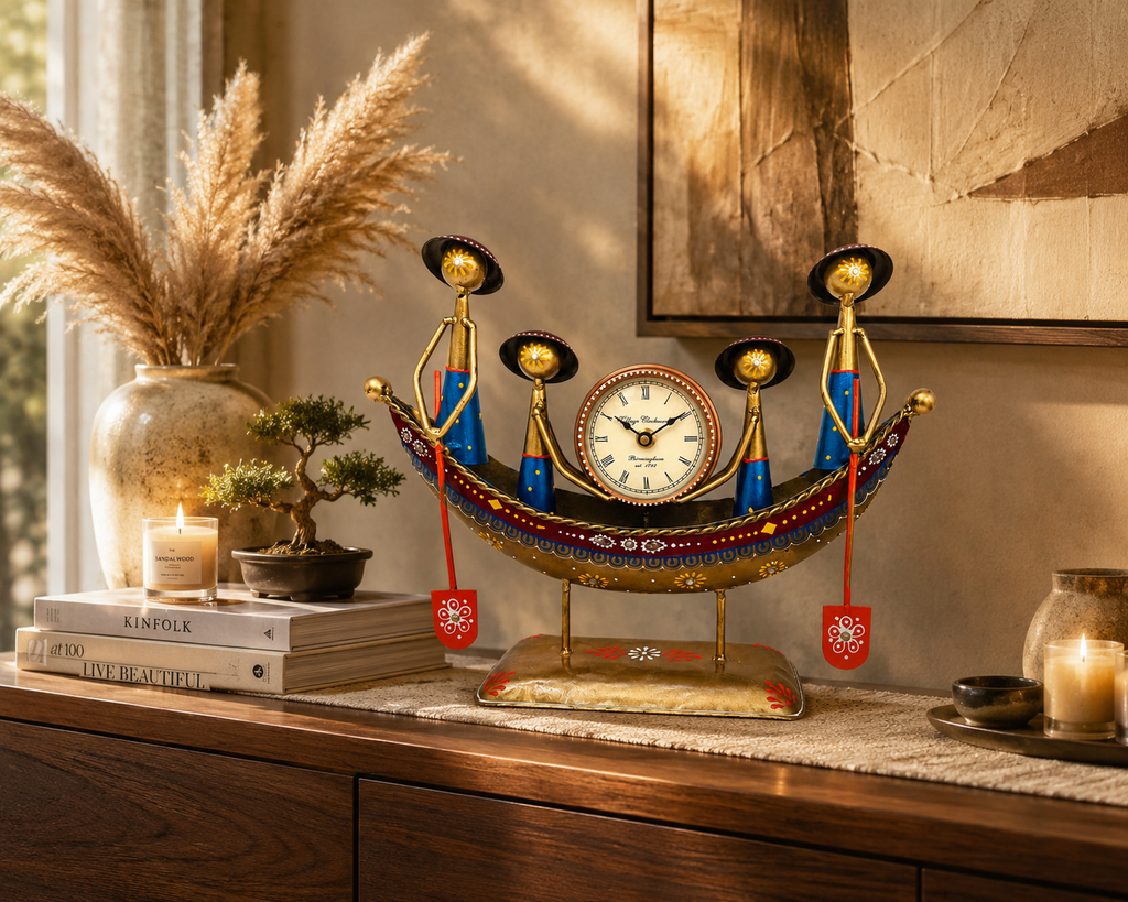 Hand-painted tribal boat table clock styled on a wooden console