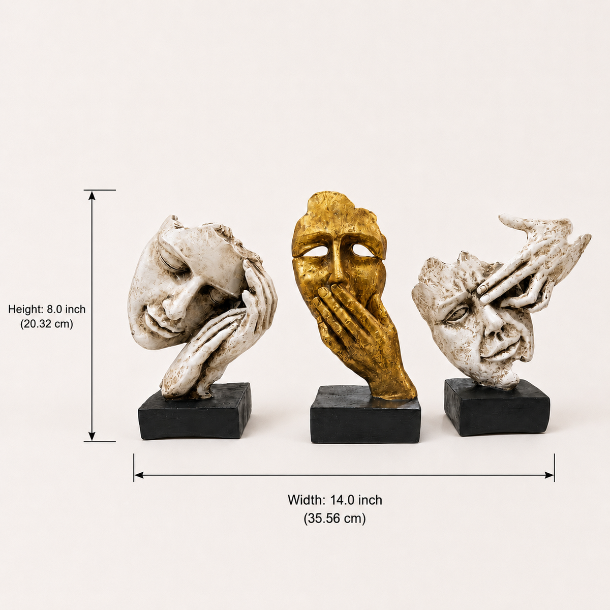 Unspoken Stories face sculpture trio dimensions: 14 inches wide and 8 inches high