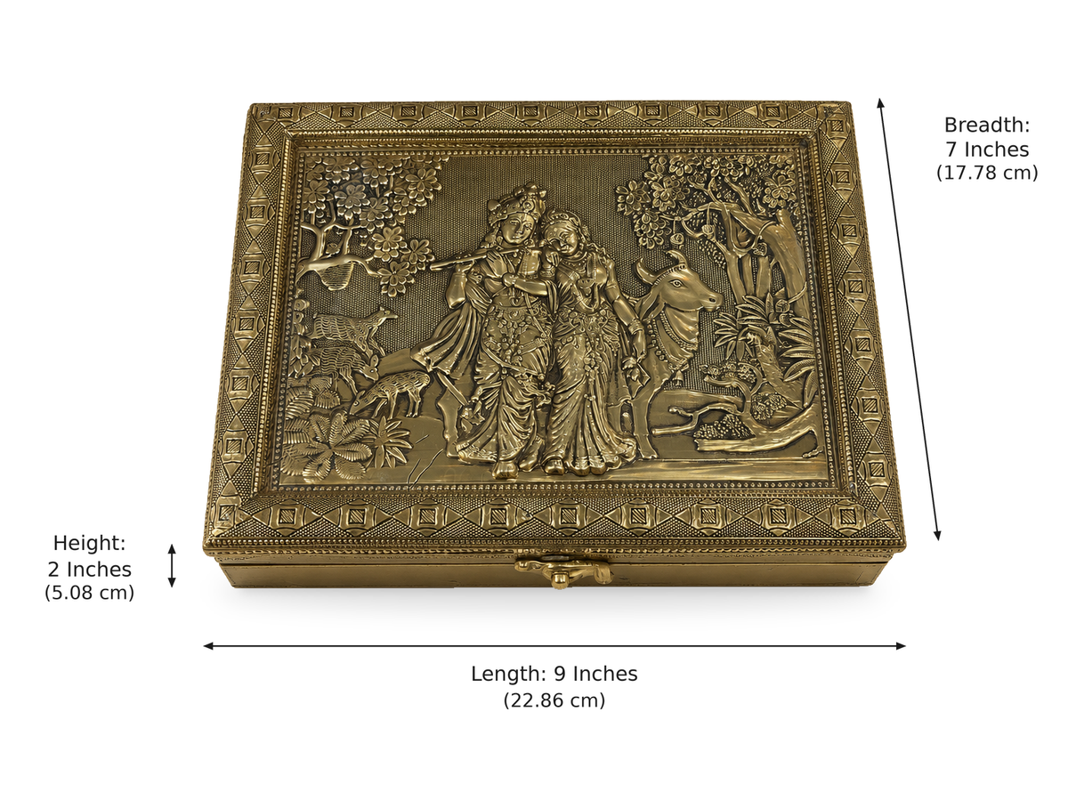Vrindavan Radha Krishna jewellery box dimensions: 9 inches long, 7 inches wide and 2 inches high