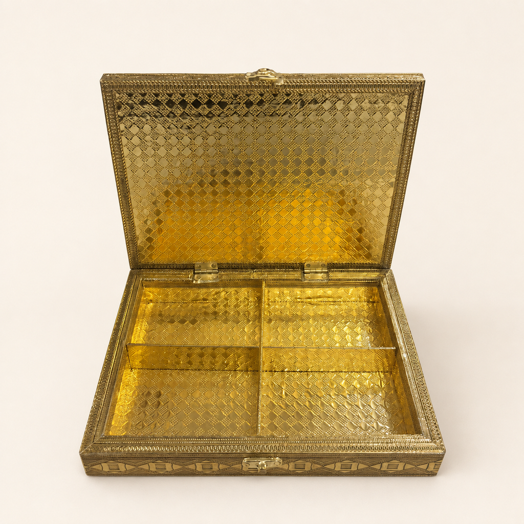 Open Vrindavan Radha Krishna jewellery box showing four rectangular compartments and a gold-tone patterned interior