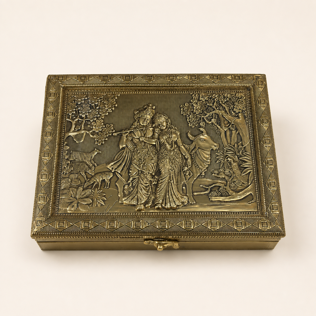 Vrindavan Radha Krishna jewellery organiser box with an ornate gold-tone relief lid and front clasp