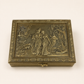 Vrindavan Radha Krishna jewellery organiser box with an ornate gold-tone relief lid and front clasp