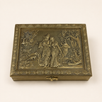 Vrindavan Radha Krishna jewellery organiser box with an ornate gold-tone relief lid and front clasp