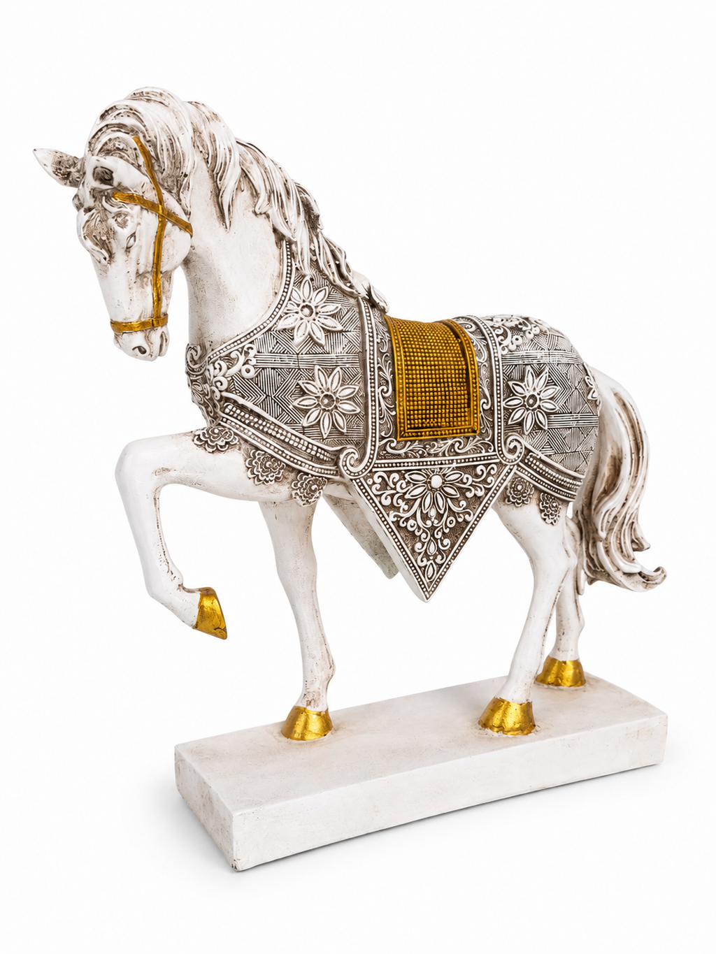 Angled view highlighting the floral saddle detailing and raised leg