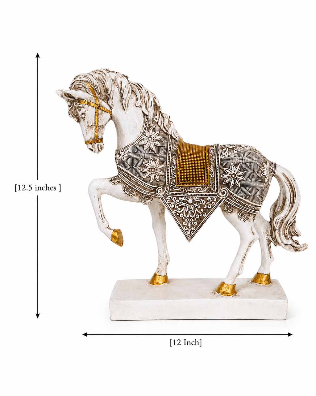 Dimension guide for white and gold prancing horse sculpture