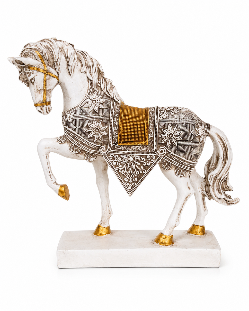 Side view of white and gold ornate prancing horse sculpture